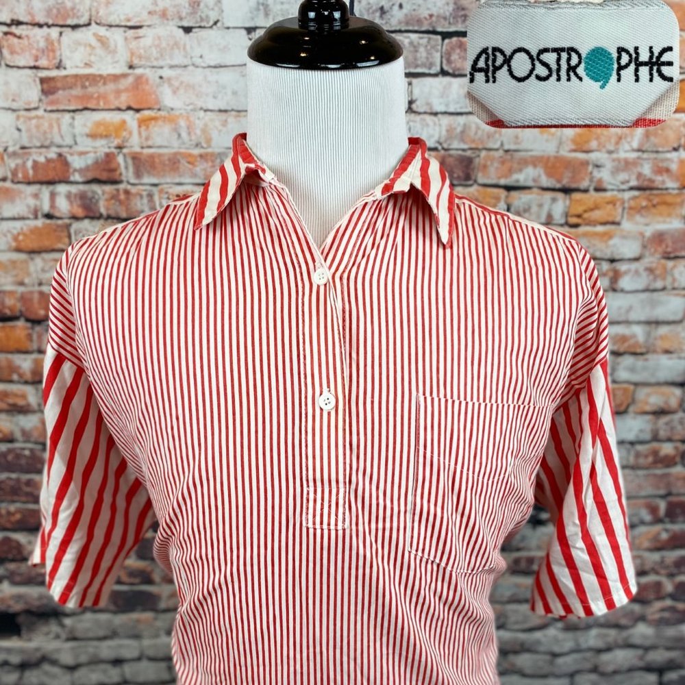 Apostrophe Vtg 80s Red White Pinstriped Shirt XL